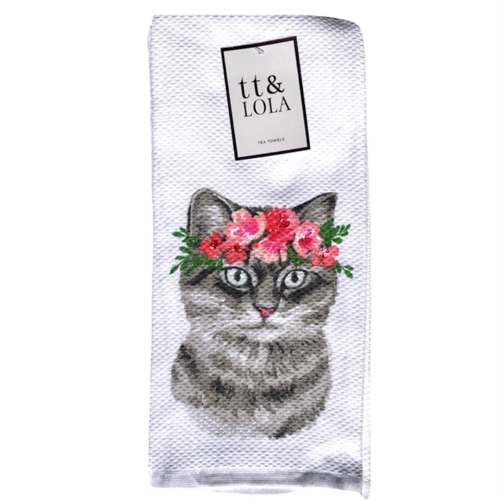 Cat Tea Towel with Pink Floral Crown Print 2-pc Kitchen Towel Set by tt & LOLA